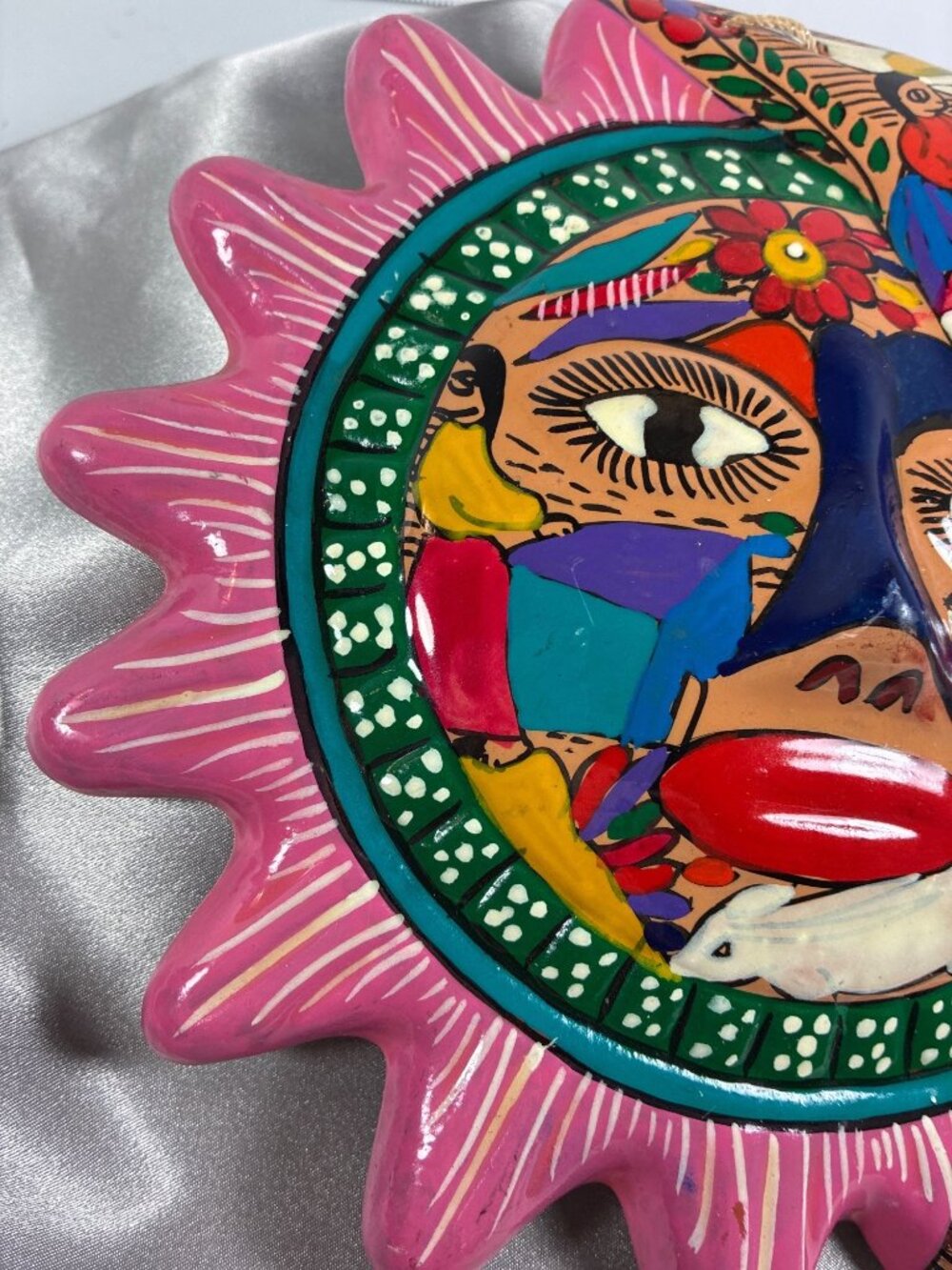 Vintage Hand Painted Mexican Folk Art Sun Moon Wall Plaque, Terracotta Celestial - Picture 4 of 12